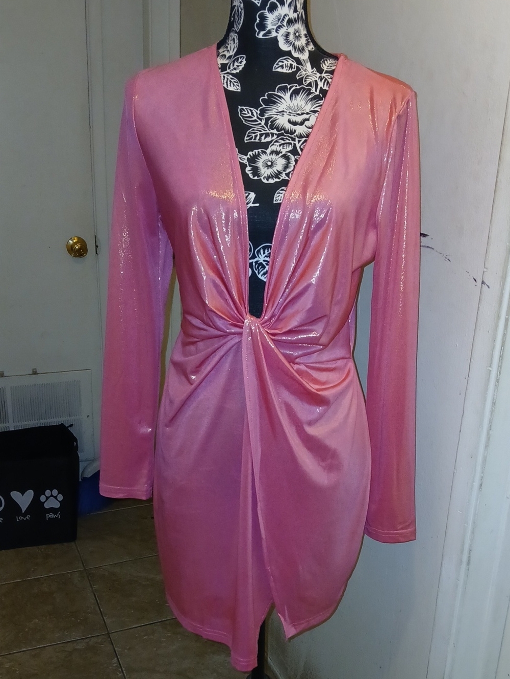 Shimmery Pink Twist Front Long Sleeve Dress